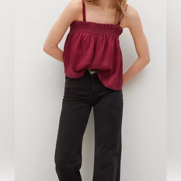 Mango Maroon Solid Smocked A Line Top - Picture 1 of 4